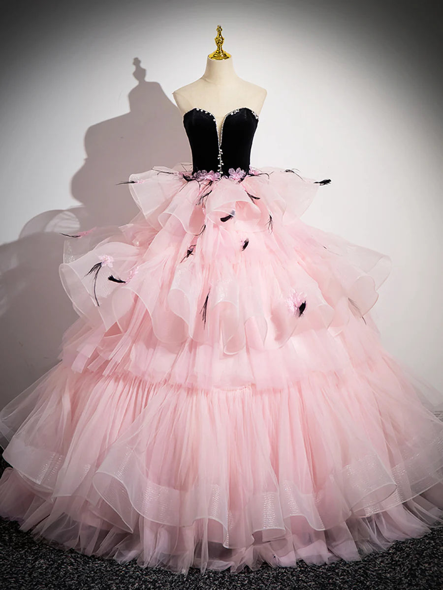 Pink Tulle and Black Velvet Strapless Tiered Ruffle Party Dress Formal Evening Dress
