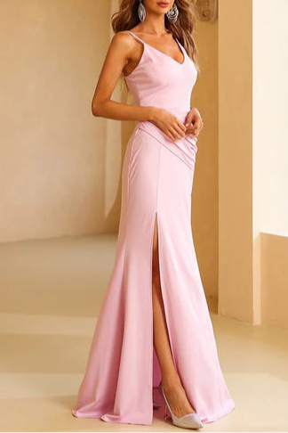 Pink V-Neck Spaghetti Straps Ruched Side Slit Mermaid Full Length Evening Dress