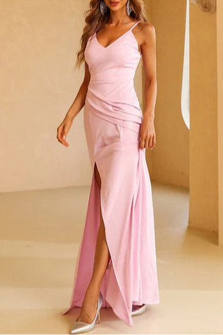 Pink V-Neck Spaghetti Straps Ruched Side Slit Mermaid Full Length Evening Dress