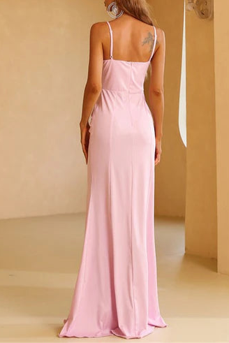 Pink V-Neck Spaghetti Straps Ruched Side Slit Mermaid Full Length Evening Dress