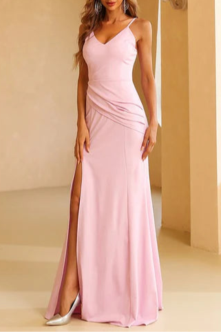 Pink V-Neck Spaghetti Straps Ruched Side Slit Mermaid Full Length Evening Dress