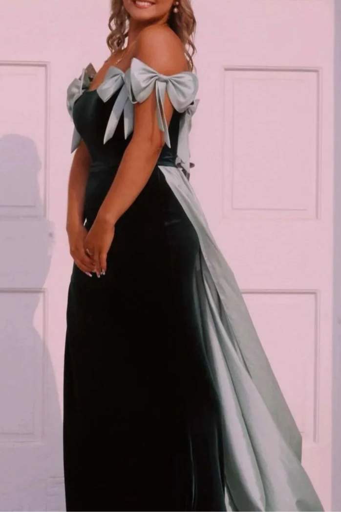 Pink Velvet With Bows Off the Shoulder Mermaid Long Evening Dress Prom Dress With Cape