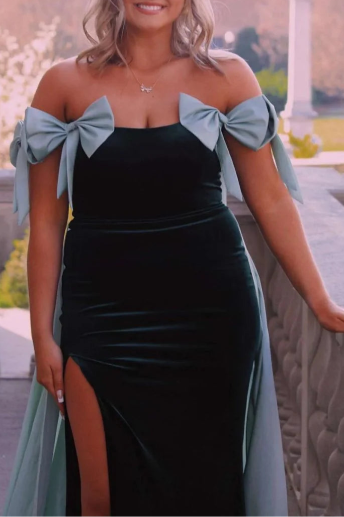 Pink Velvet With Bows Off the Shoulder Mermaid Long Evening Dress Prom Dress With Cape