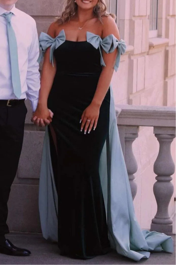 Pink Velvet With Bows Off the Shoulder Mermaid Long Evening Dress Prom Dress With Cape