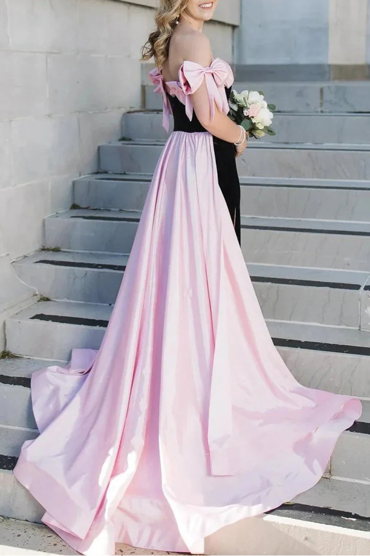 Pink Velvet With Bows Off the Shoulder Mermaid Long Evening Dress Prom Dress With Cape