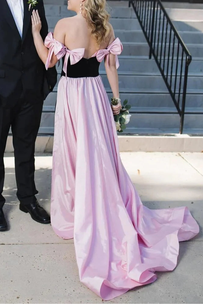 Pink Velvet With Bows Off the Shoulder Mermaid Long Evening Dress Prom Dress With Cape