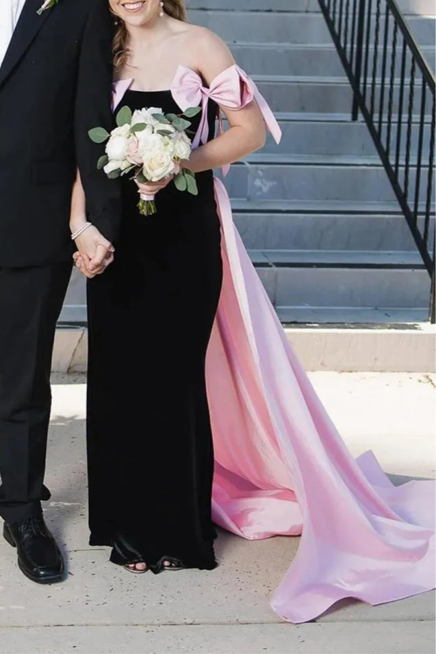 Pink Velvet With Bows Off the Shoulder Mermaid Long Evening Dress Prom Dress With Cape