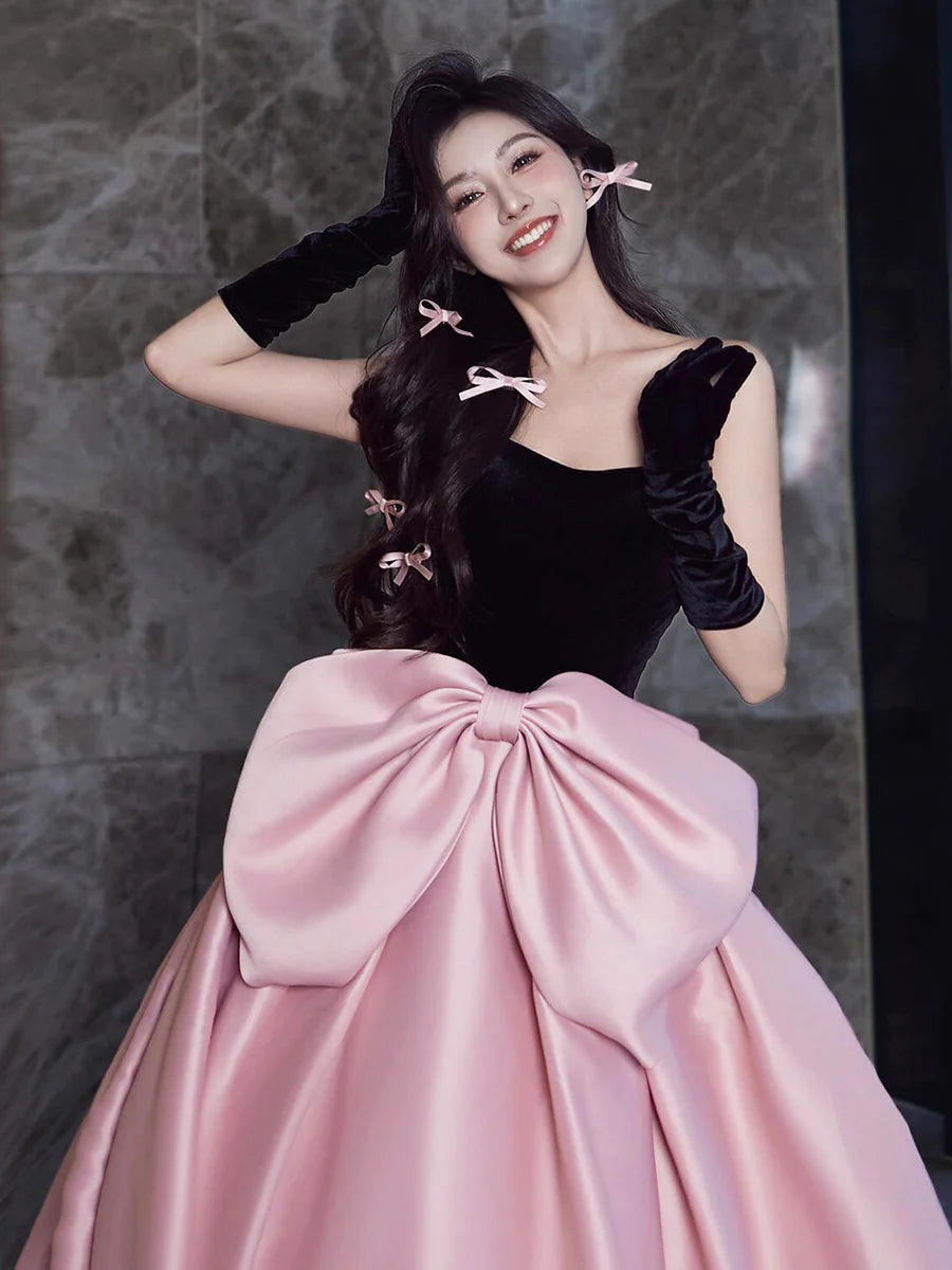 Pink Velvet and Satin A-Line Strapless Floor Length Long Prom Dress Party Dress With Bow
