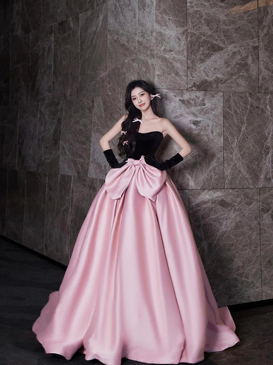 Pink Velvet and Satin A-Line Strapless Floor Length Long Prom Dress Party Dress With Bow