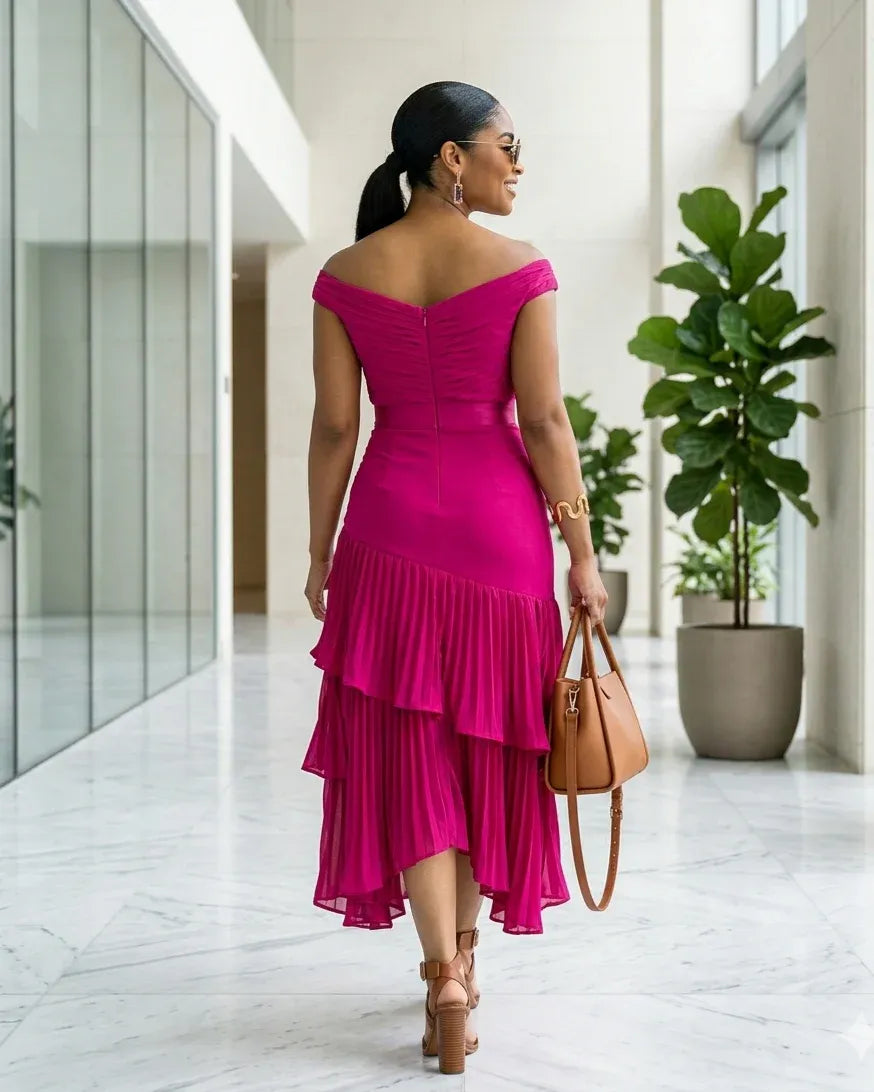 Pink Elegant V-neck Retract Your Waist Prom dress Ruffled Irregular Hem Dress Evening