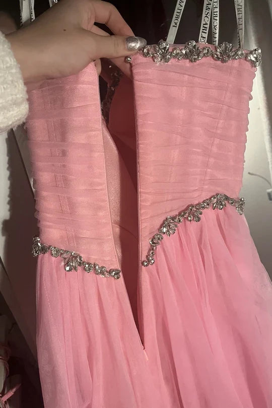 Pink Strapless Beads Sweetheart A-Line Empire-Waist Prom Dress