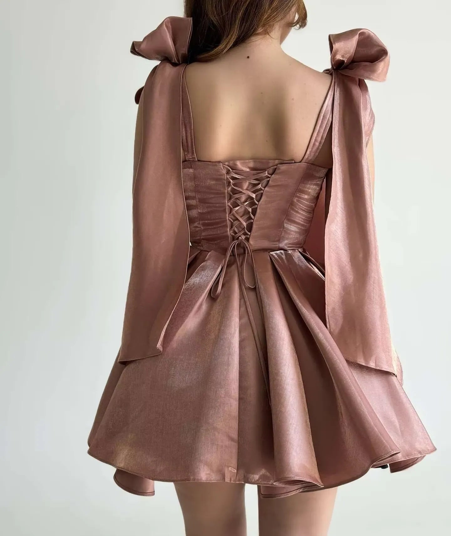 Pink Tulle Shoulder Tie With Bow Lace-Up Back Party Gown A-line Short Homecoming Dress