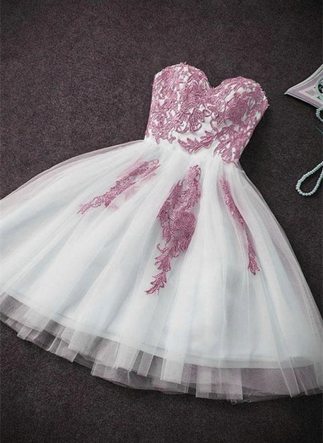 Pink and White Tulle Knee Length A-line Party Dress Homecoming Dress Prom Dress