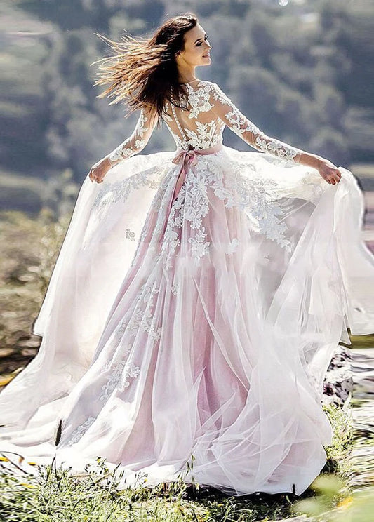 Pink and White Tulle Lace Appliques Bateau Neck Long Sleeves Floor length Wedding Dresses With Belt