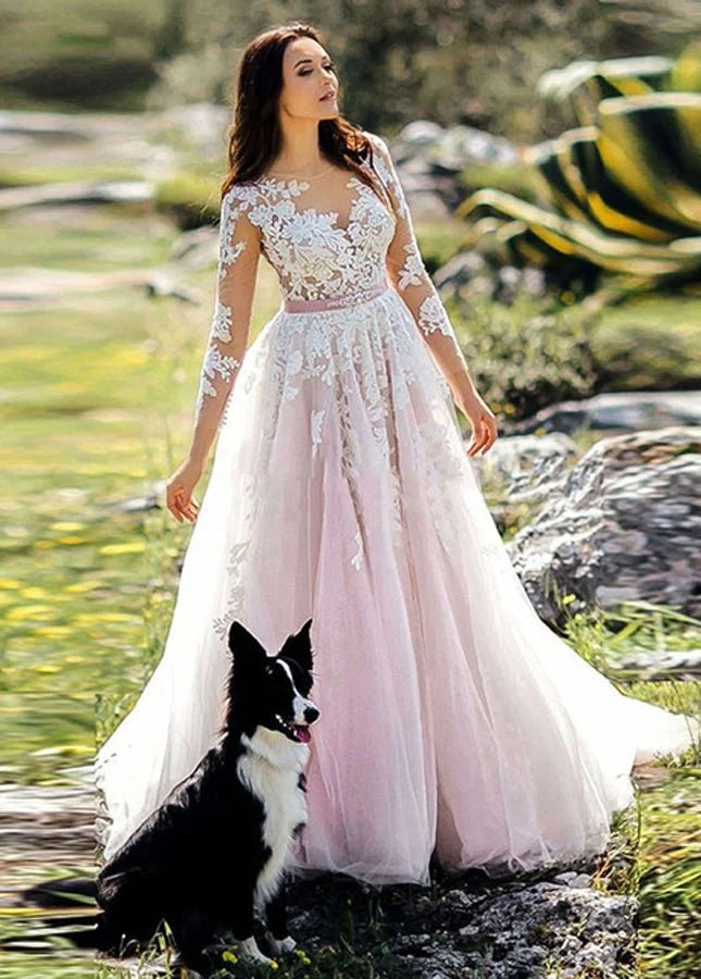 Pink and White Tulle Lace Appliques Bateau Neck Long Sleeves Floor length Wedding Dresses With Belt