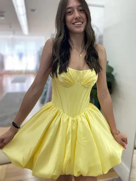 Playful A-Line Strapless Corset Satin Yellow Short Homecoming Dress