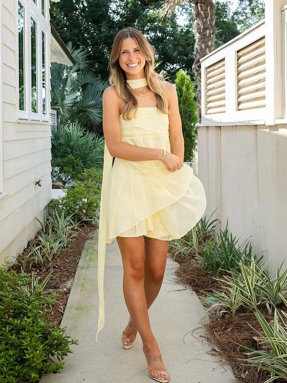 Playful A-Line Strapless Short Homecoming Dress With Scarf Ready To Ship