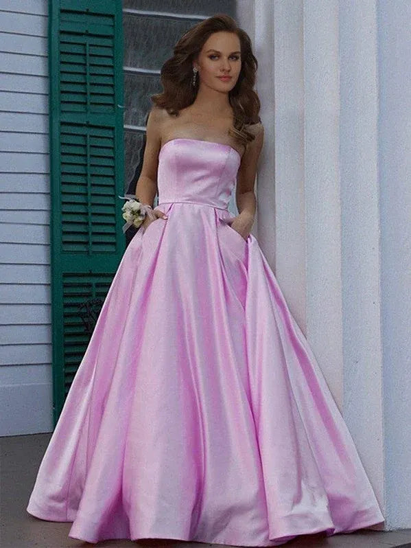Playful Ball Gown Strapless Baby Pink Maxi Prom Dress With Pocket Ready to Ship