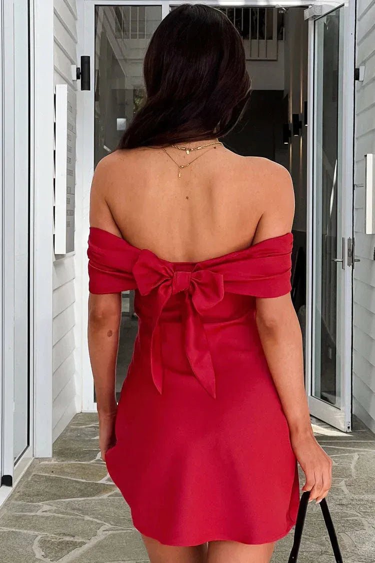 Playful Off-the-Shoulder Tie Bow Back Satin Yellow Short Homecoming Dress