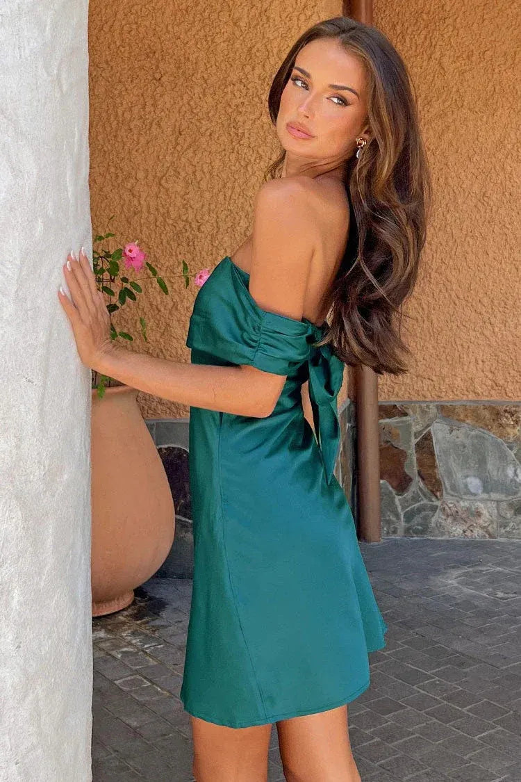 Playful Off-the-Shoulder Tie Bow Back Satin Yellow Short Homecoming Dress