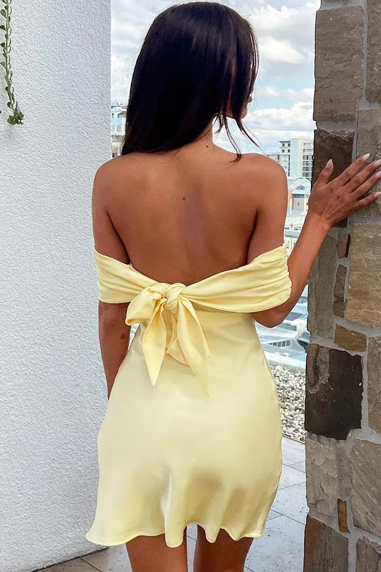 Playful Off-the-Shoulder Tie Bow Back Satin Yellow Short Homecoming Dress