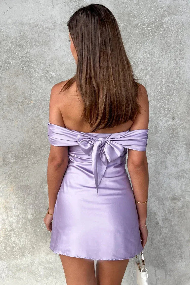 Playful Off-the-Shoulder Tie Bow Back Satin Yellow Short Homecoming Dress