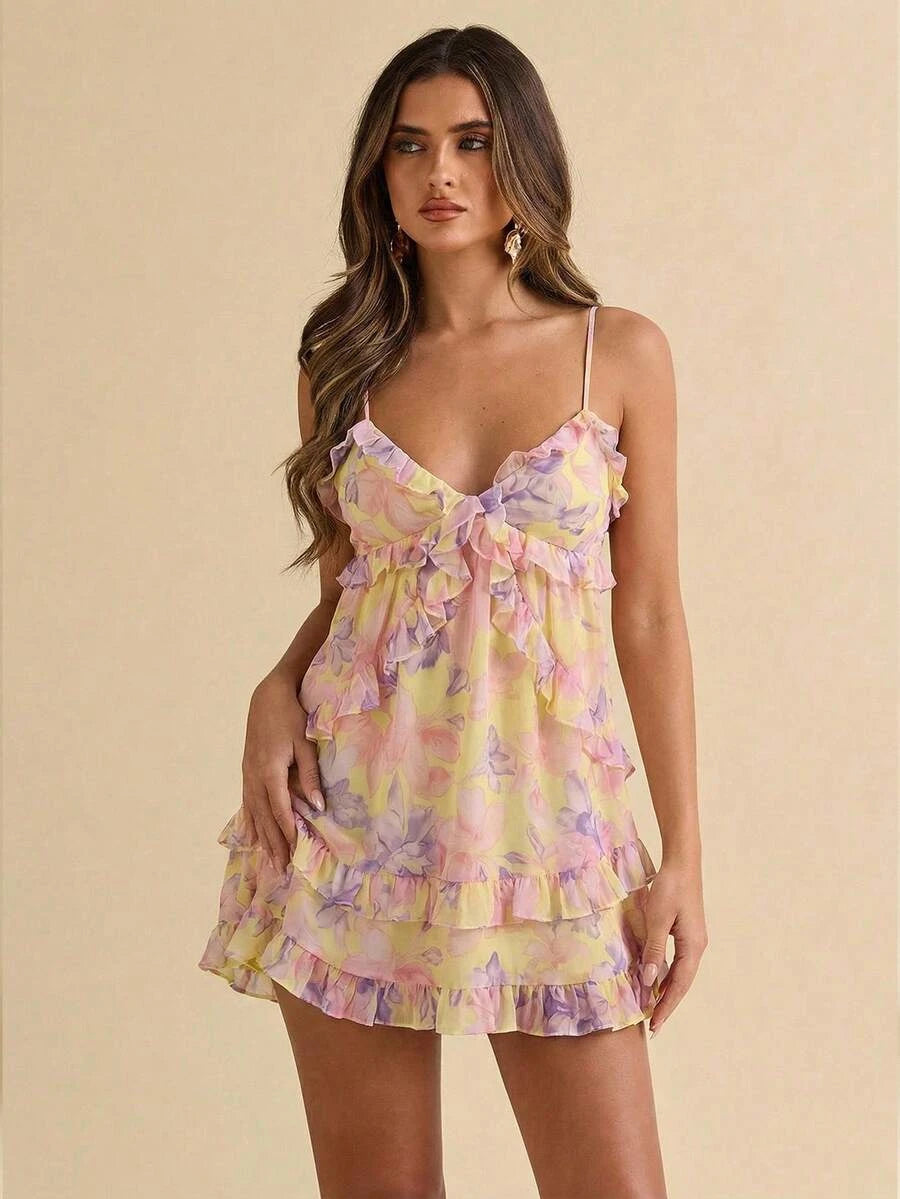 Playful A-Line V-Neck Tiered Floral Print Mini Homecoming Dress With Ruffled Hem