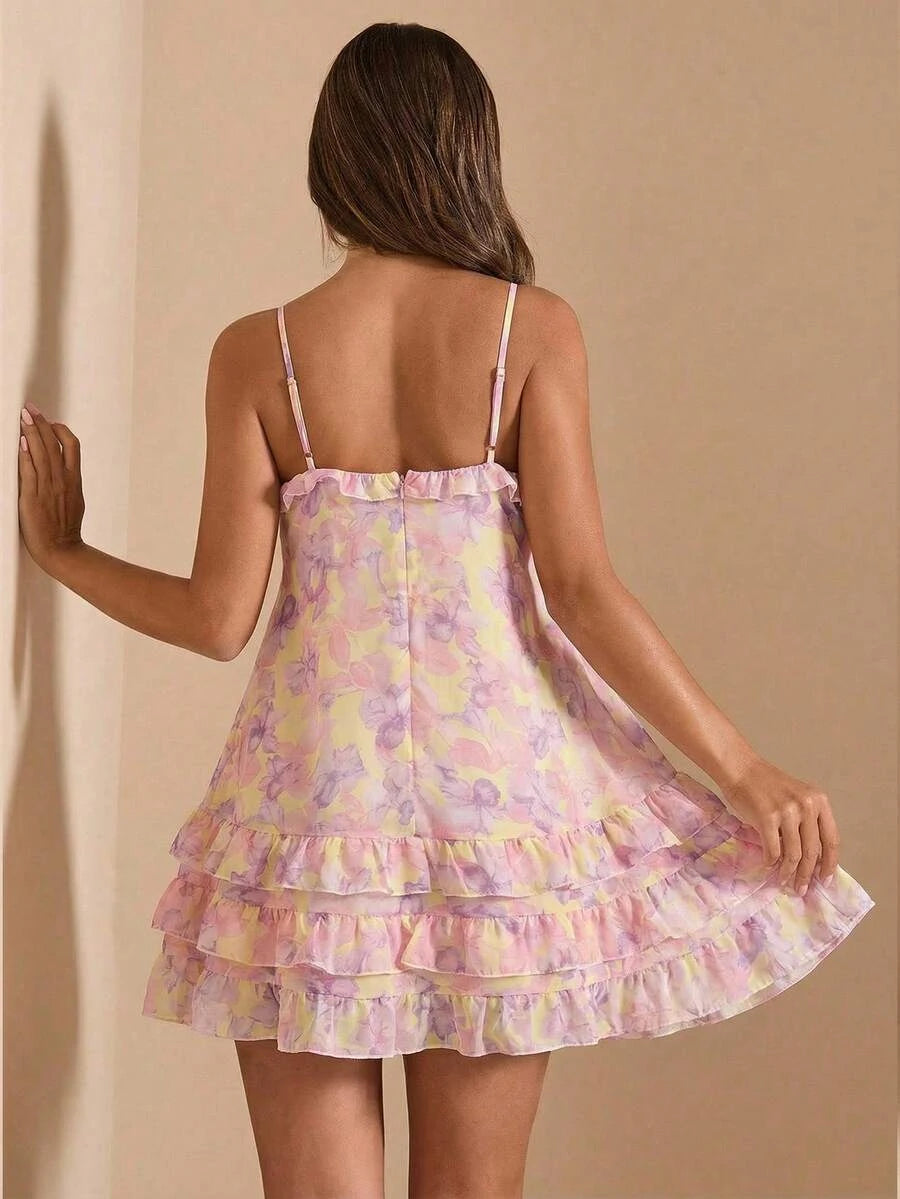 Playful A-Line V-Neck Tiered Floral Print Mini Homecoming Dress With Ruffled Hem