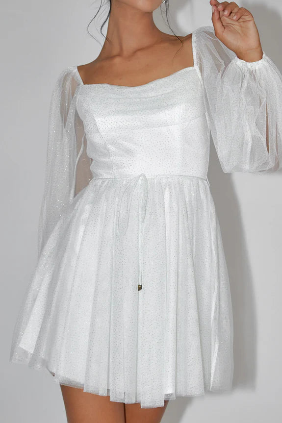Pleat Neckline Sheer Sleeves Tie Gold Sparkle White Mini Homecoming Dress