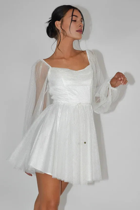 Pleat Neckline Sheer Sleeves Tie Gold Sparkle White Mini Homecoming Dress