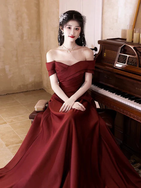 Pleated Wine Red A-line Satin Off Shoulder Party Dress Floor Length Evening Dress
