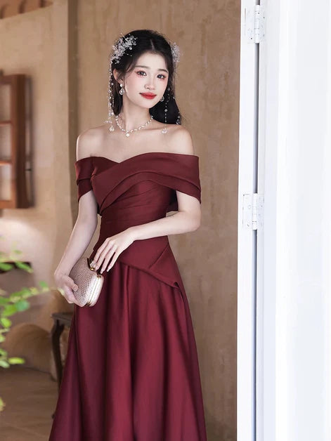 Pleated Wine Red A-line Satin Off Shoulder Party Dress Floor Length Evening Dress