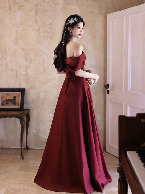 Pleated Wine Red A-line Satin Off Shoulder Party Dress Floor Length Evening Dress