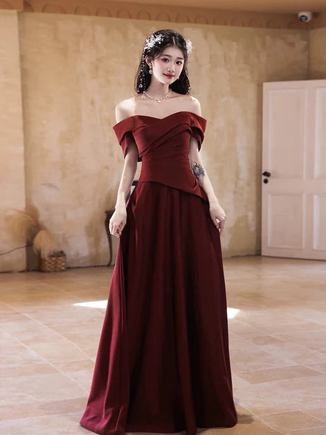 Pleated Wine Red A-line Satin Off Shoulder Party Dress Floor Length Evening Dress