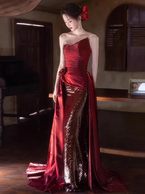 Pleated Wine Red Satin and Sequins Long Strapless Party Dress Long Evening Dress
