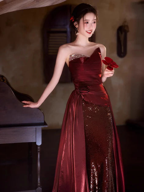Pleated Wine Red Satin and Sequins Long Strapless Party Dress Long Evening Dress