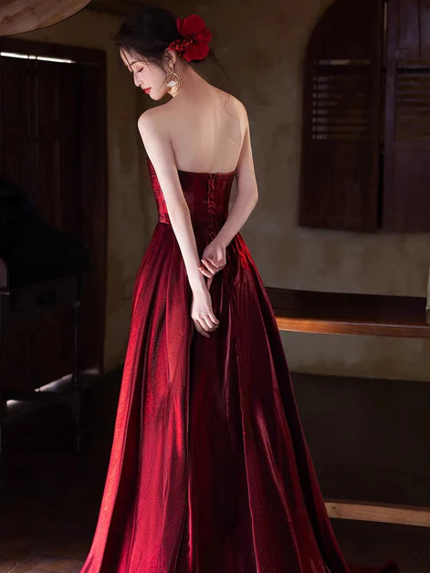 Pleated Wine Red Satin and Sequins Long Strapless Party Dress Long Evening Dress