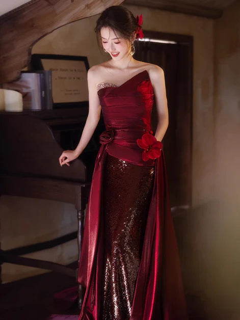 Pleated Wine Red Satin and Sequins Long Strapless Party Dress Long Evening Dress