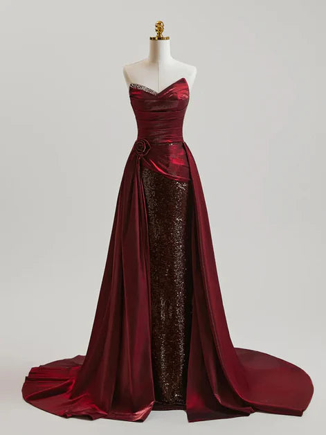 Pleated Wine Red Satin and Sequins Long Strapless Party Dress Long Evening Dress