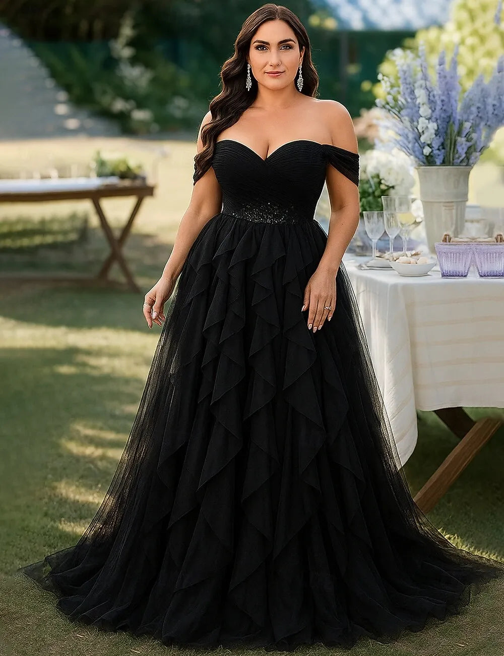Plus Size A-Line Off-Shoulder Ruffle Tulle Black Maxi Prom Dress With Train