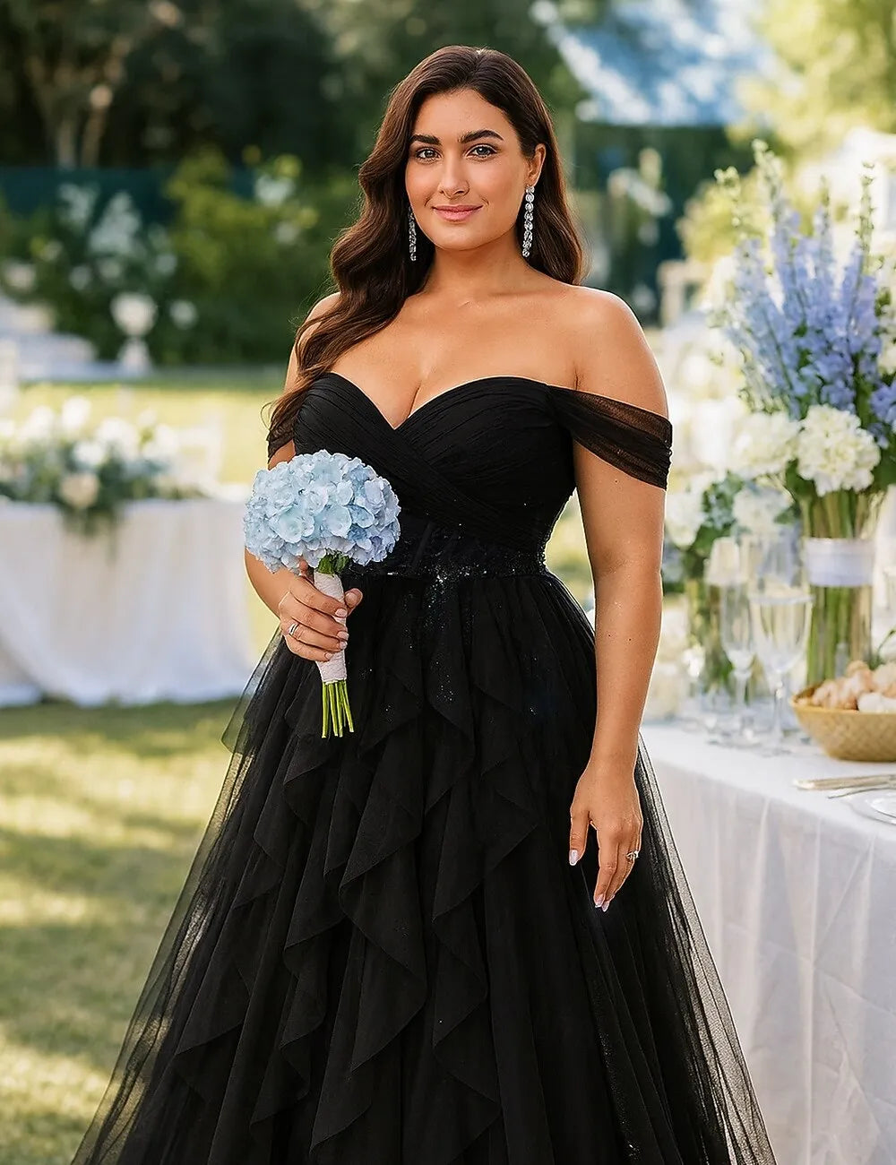 Plus Size A-Line Off-Shoulder Ruffle Tulle Black Maxi Prom Dress With Train
