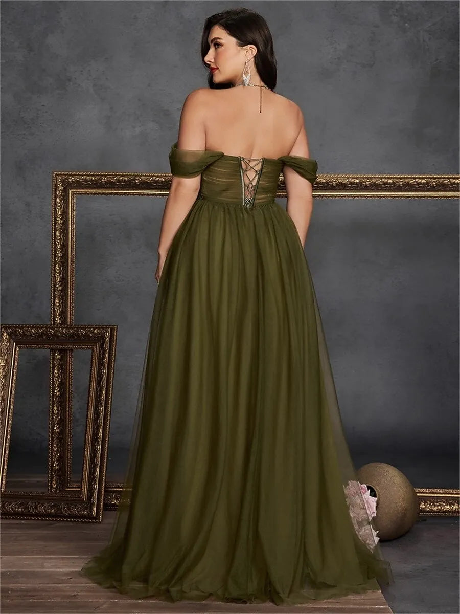 Plus Size A-Line Off-the-Shoulder Floral Tulle Olive Prom Dress With Slit