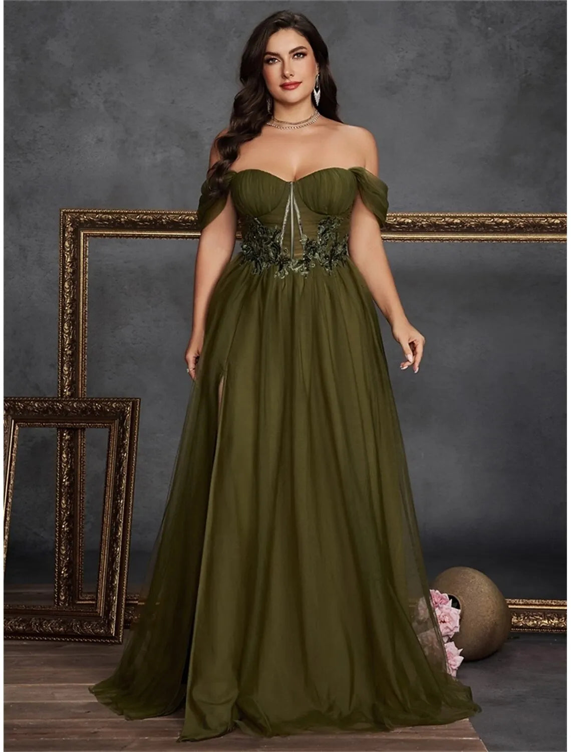 Plus Size A-Line Off-the-Shoulder Floral Tulle Olive Prom Dress With Slit
