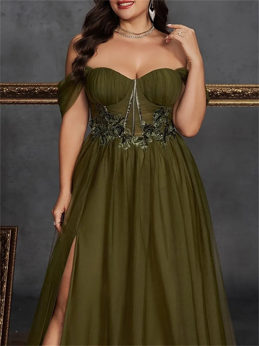 Plus Size A-Line Off-the-Shoulder Floral Tulle Olive Prom Dress With Slit