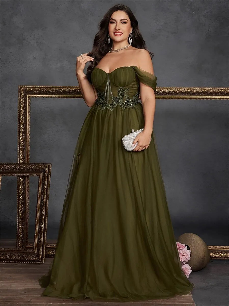 Plus Size A-Line Off-the-Shoulder Floral Tulle Olive Prom Dress With Slit