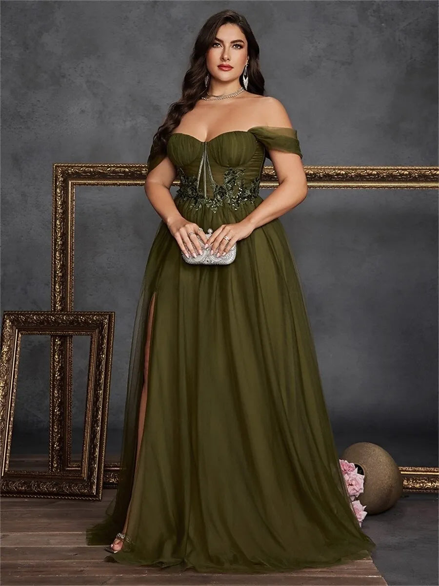Plus Size A-Line Off-the-Shoulder Floral Tulle Olive Prom Dress With Slit