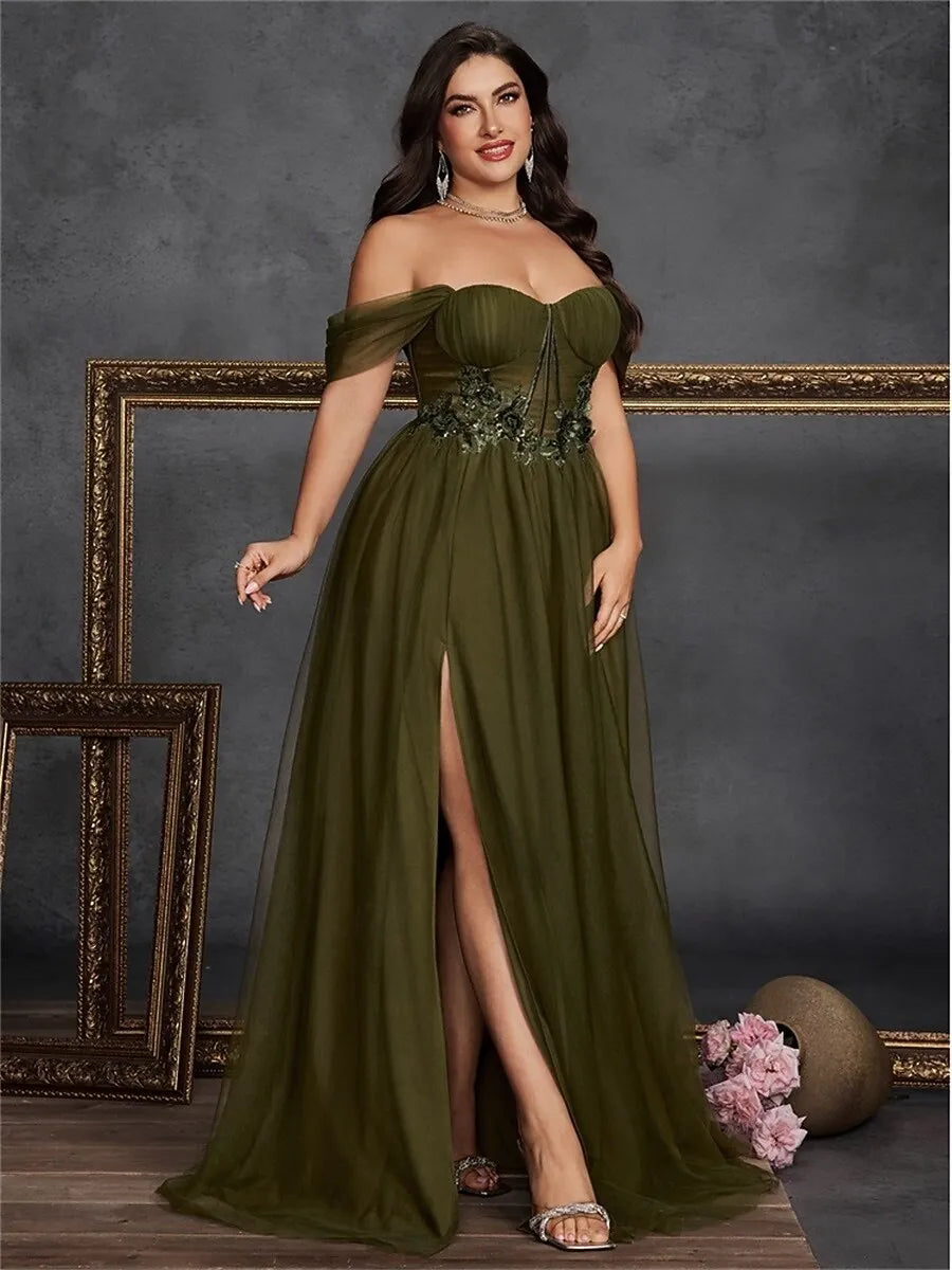 Plus Size A-Line Off-the-Shoulder Floral Tulle Olive Prom Dress With Slit