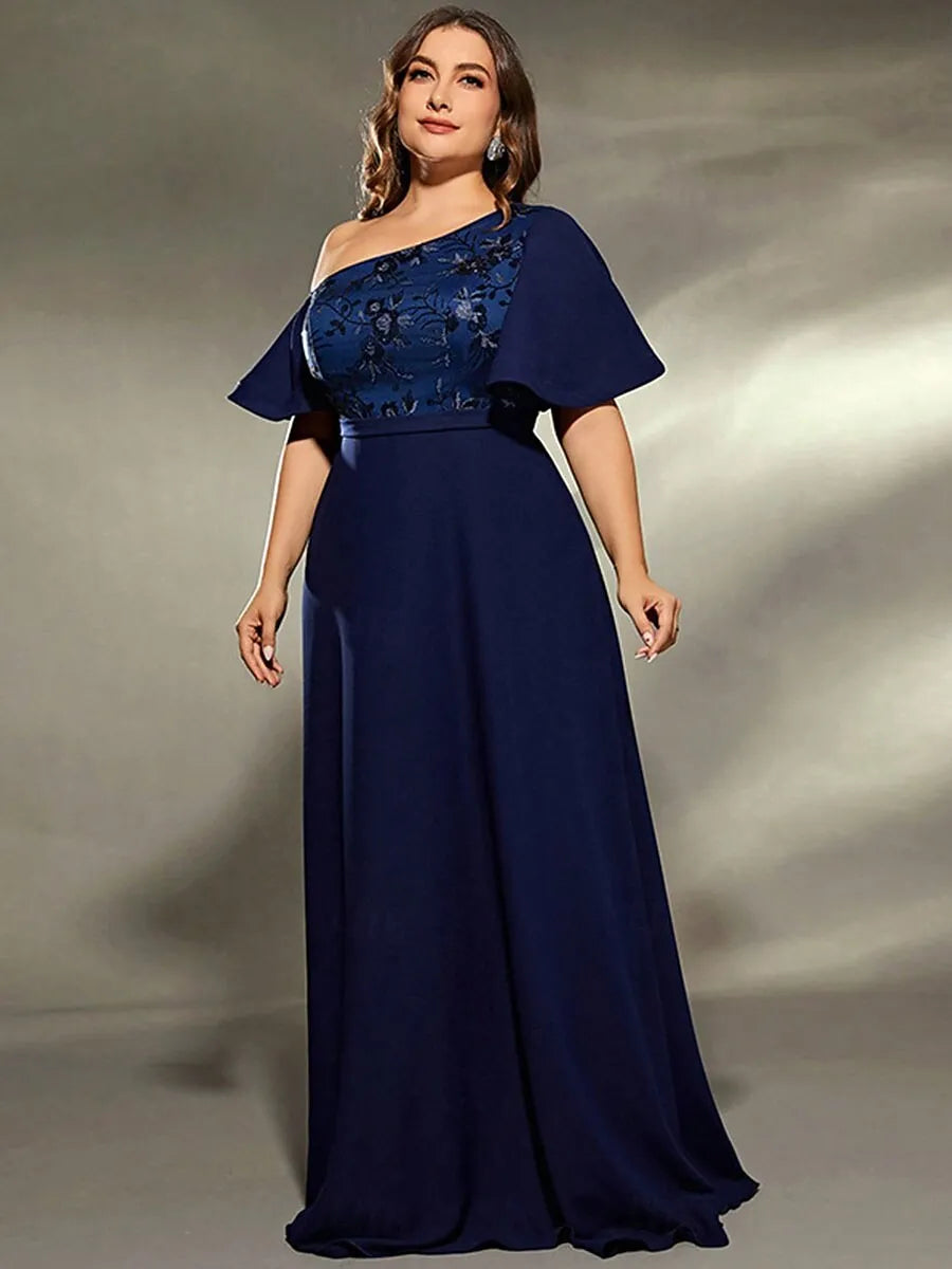 Plus Size A-Line One-Shoulder Short Sleeve Ruffle Floral Navy Maxi Prom Dress