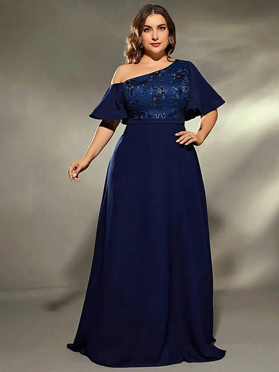 Plus Size A-Line One-Shoulder Short Sleeve Ruffle Floral Navy Maxi Prom Dress
