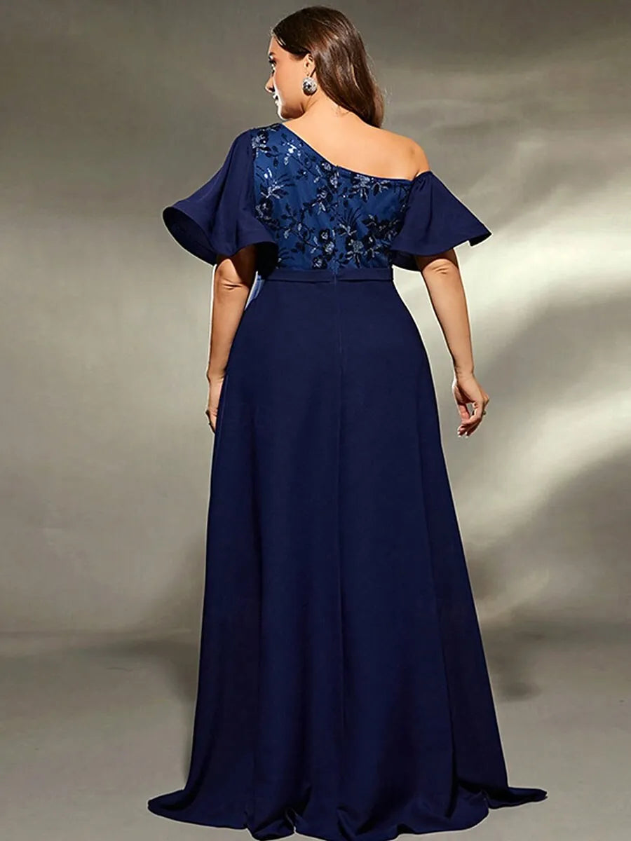Plus Size A-Line One-Shoulder Short Sleeve Ruffle Floral Navy Maxi Prom Dress
